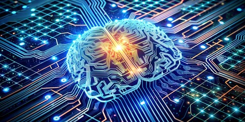 Poster - The Dawn of Artificial Thought: A luminous brain pulsates within a complex circuit board, symbolizing the fusion of human intelligence and technological prowess in the age of AI. 