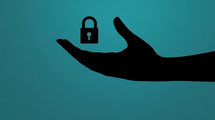 Wall Mural - Silhouette of a Hand Holding a Padlock Symbolizing Data Privacy and Security on a Teal Background