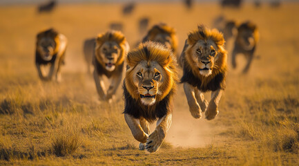 Wall Mural - A pride of lions walking through the African savannah, with one lion in the lead and the others following behind.