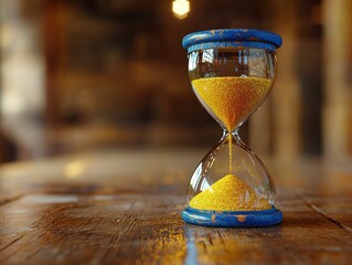 Captivating 3D Hourglass with Flowing Yellow Sand on a Wooden Table, Symbolizing the Fleeting Nature of Time and Urgency to Act. Time Management and the Sands of Time Concept.