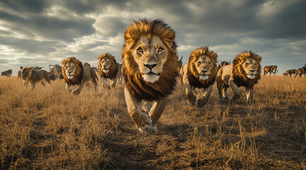 Wall Mural - A pride of lions walking through the African savannah, with one lion in the lead and the others following behind.