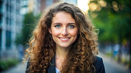 Smiling confident young professional woman with long curly brown hair and bright blue eyes looking directly at camera with friendly expression outdoors.