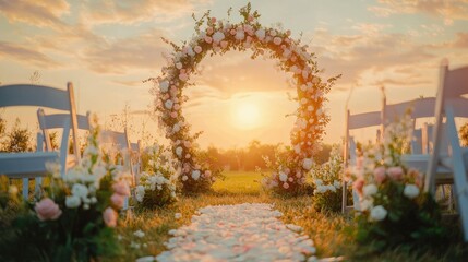 Beautiful wedding decoration at sunset. Wedding ceremony venue. Round arch, white chairs, cute, fashionable decor. Part of holiday decor, flower arrangement. 