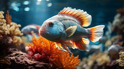 A fish with orange fins swims in a tank with coral and rocks