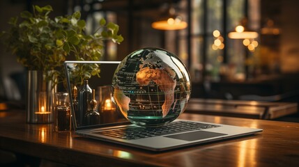 Canvas Print - A laptop is on a table with a globe on top of it