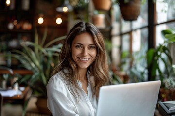 Smiling European Latin business woman accountant analyst holding documents, work at laptop computer doing online trade market tech research. Focused Hispanic businesswoman with paper, Generative AI