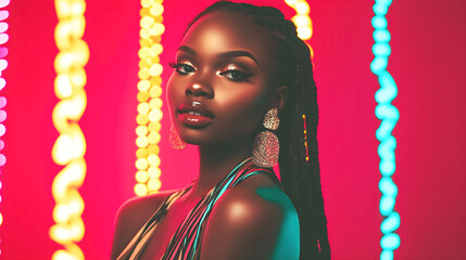 Beautiful woman with glowing skin and braided hair, wearing statement earrings, poses against a vibrant neon background