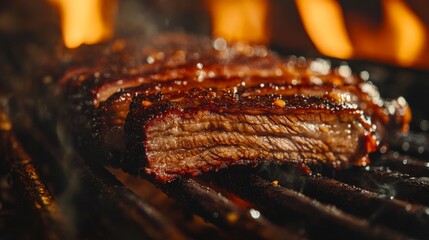 Close-up of a juicy grilled steak sizzling on a barbecue with flames in the background. Perfect for depicting a summer BBQ or delicious meal.