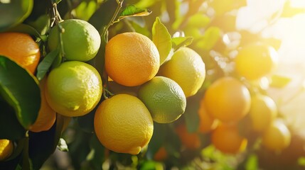 Close-up of fresh ripe oranges and green lemons hanging on tree branches in a sunny orchard, bathed in warm sunlight.