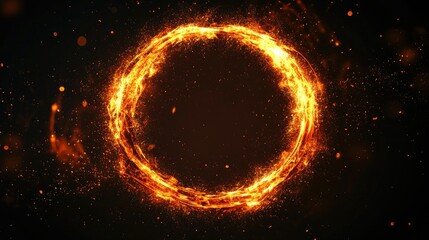 Wall Mural - Fire circle or ring shape on dark black background. Abstract shiny sparkling fire particles