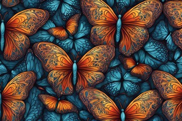 Wall Mural - A seamless pattern of butterfly wings with intricate designs in vibrant colors, AI Generated