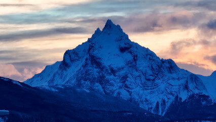 Mount Olivia At Ushuaia In Tierra Del Fuego Argentina. Snowy Mountains. Glacier Landscape. Tierra Del Fuego Argentina. Winter Background. Mount Olivia At Ushuaia In Tierra Del Fuego Argentina.