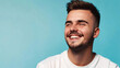 © ELmidoi-AI - Close-up portrait of a happy young man with a stylish haircut looking away with a pleased cheerful smile, laughing and rejoicing.