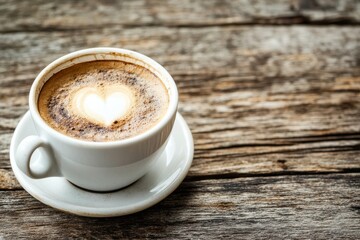 A Trendy Coffee Cup With Heart-Shaped Foam on Rustic Wooden Table