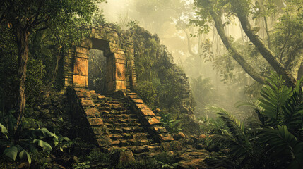 the ancient ruins stand majestically, enveloped by a beautifully lush and vibrant jungle landscape