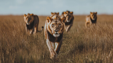 Wall Mural - A pride of lions walking through the African savannah, with one lion in the lead and the others following behind.