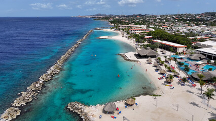 Wall Mural - Caribbean Beach At Willemstad In Netherlands Curacao. Beach Landscape. Caribbean Island. Willemstad At Netherlands Curacao. Seascape Outdoor. Nature Tourism.