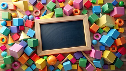 Aufkleber - Vibrant 3D alphabet blocks and colorful shapes surround a miniature chalkboard, symbolizing creative and interactive learning in a modern educational environment.
