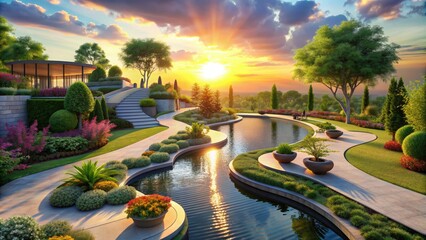 Aufkleber - Vibrant 3D visualization of a modern landscape design featuring curvaceous walkways, lush greenery, and elegant water features set against a serene sunset backdrop.