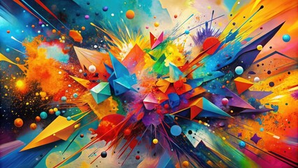 Poster - Vibrant abstract art composition featuring expressive brush strokes, bold paint splatters, and geometric vector shapes in a mesmerizing blend of colors and textures.