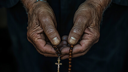 old man's hands holding rosary. christianity