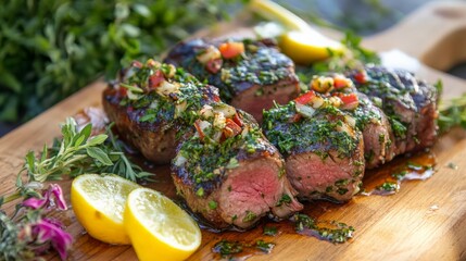 Grilled beef steak served on a wooden board with fresh herbs, lemon slices, and a delicious garnish, perfect for gourmet meals or BBQs.