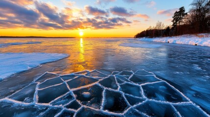 Sticker - Frozen Lake at Sunset, Icy patterns and golden light reflections, Serene winter landscape