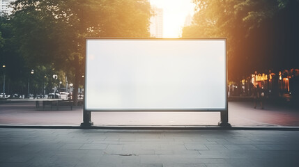 Illuminated blank billboard in the city park during sunset, surrounded by trees and urban atmosphere