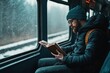 © Nena Photo - A traveler, bundled in warm clothing, reads a book by the window of a moving train, surrounded by a snowy landscape, embracing solitude and the peacefulness of travel.