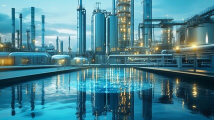 Industrial factory with lights reflected in water at night, showcasing a modern and futuristic oil refinery facility.