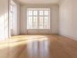 © Bouchra - A large, empty room with a large window and hardwood floors