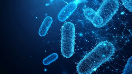 Microbiology low poly wireframe banner vector template. Futuristic science, biological research poster polygonal design with bacteria illustration. Microscopic germs 3d mesh art with connected dots. 