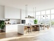 © Bouchra - A large, open kitchen with a white island and wooden stools