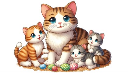 Cartoon image of a mother cat with her kittens, isolate, white background