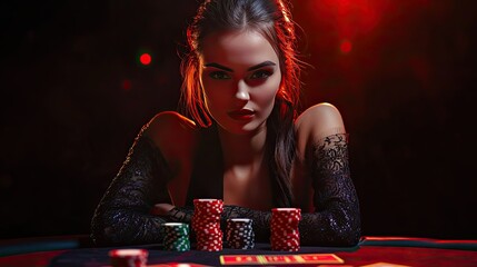 Photo of gorgeous lady working in poker club proffesional player winning isolated over black color background 