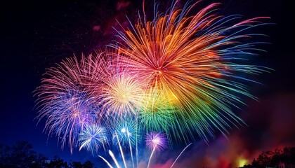 rainbow fireworks exploding in the night sky.