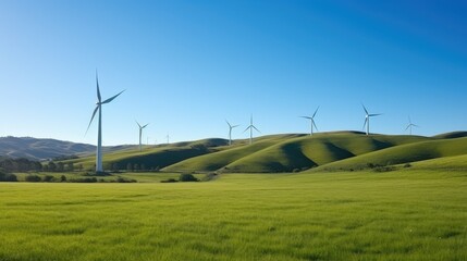 Wind turbines in a field with clear blue sky and rolling hills