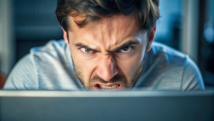 Tech Frustration: A close-up of a person's face, showing frustration and anger while looking at a computer screen.