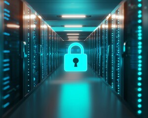 Poster - Cyber Security Data Center Server Room With Neon Padlock
