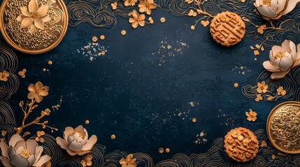 Wall Mural - Golden mooncakes with floral arrangements on a dark background, perfect for elegant festive celebrations.