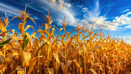 Vibrant Golden Corn Stalks Stretch Towards The Horizon Against A Radiant Blue Sky, Creating A Captivating Backdrop.