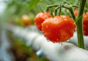 Canvas Print - Close-up of Fresh Red Tomatoes Growing in a Greenhouse