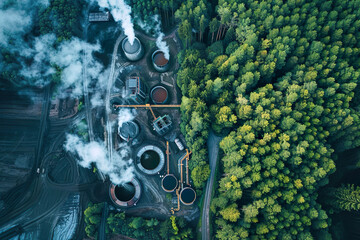 Aerial view of an industrial complex surrounded by dense forest with smoke rising into the sky. Decarbonisation technological solution. Sustainable climate