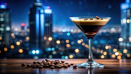 Vibrant illustration of a sophisticated espresso martini, garnished with coffee beans and a sugar rim, set against a trendy dark blue background with subtle city lights.