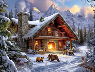 Wall Mural - A cabin in the woods with a fireplace and bears walking around. Scene is cozy and peaceful