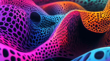 Abstract 3D rendering of a colorful, wavy, and patterned surface.