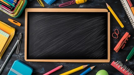 Wall Mural - Blank blackboard surrounded by colorful school supplies on dark background