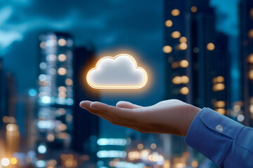 Wall Mural - A businessman holding a cloud icon in his hand. The background is an urban skyline at night