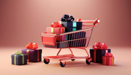 a red shopping cart overflowing with colorful gift boxes against a pink background.