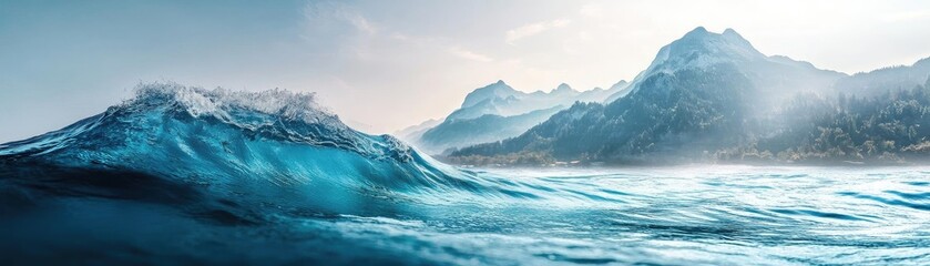 Naklejka na meble Stunning ocean wave crashing against majestic mountains under a clear sky. A breathtaking scene of nature's beauty and power.